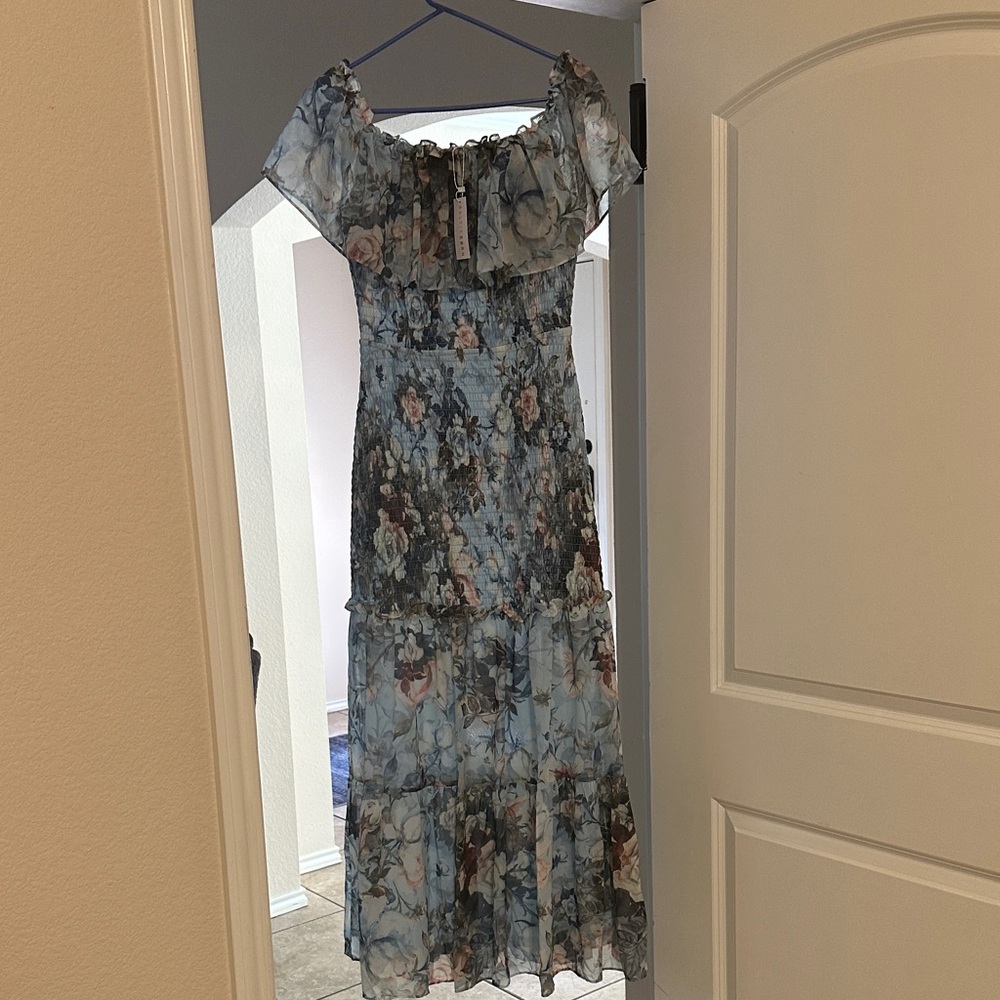 Baltic Born Pale Blue Floral Off-Shoulder Maxi Dress